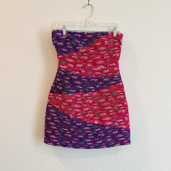 AMUR Strapless Ruched Floral Mini Dress Purple Red Eco-Friendly Size Small - Picture 2 of 5